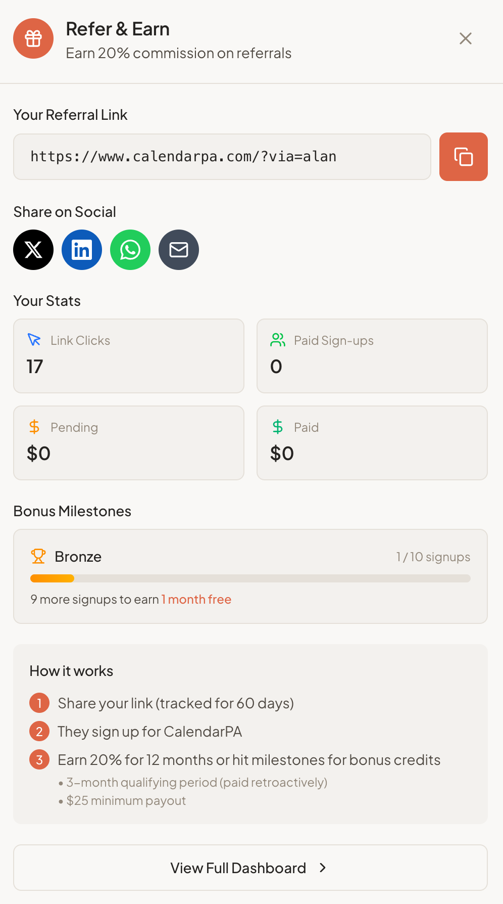 Dashboard Settings — Referrals tab
