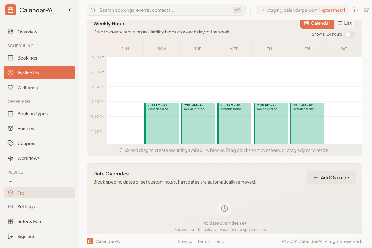 Dashboard Availability page showing weekly schedule