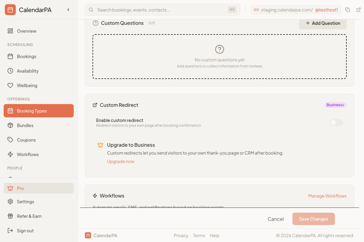 Dashboard Booking Types page