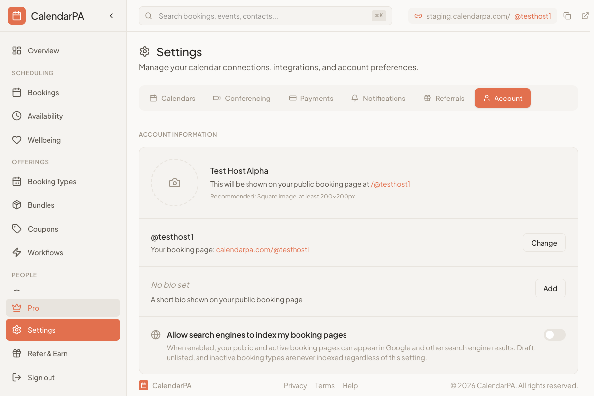 Dashboard Settings — Account tab with username field