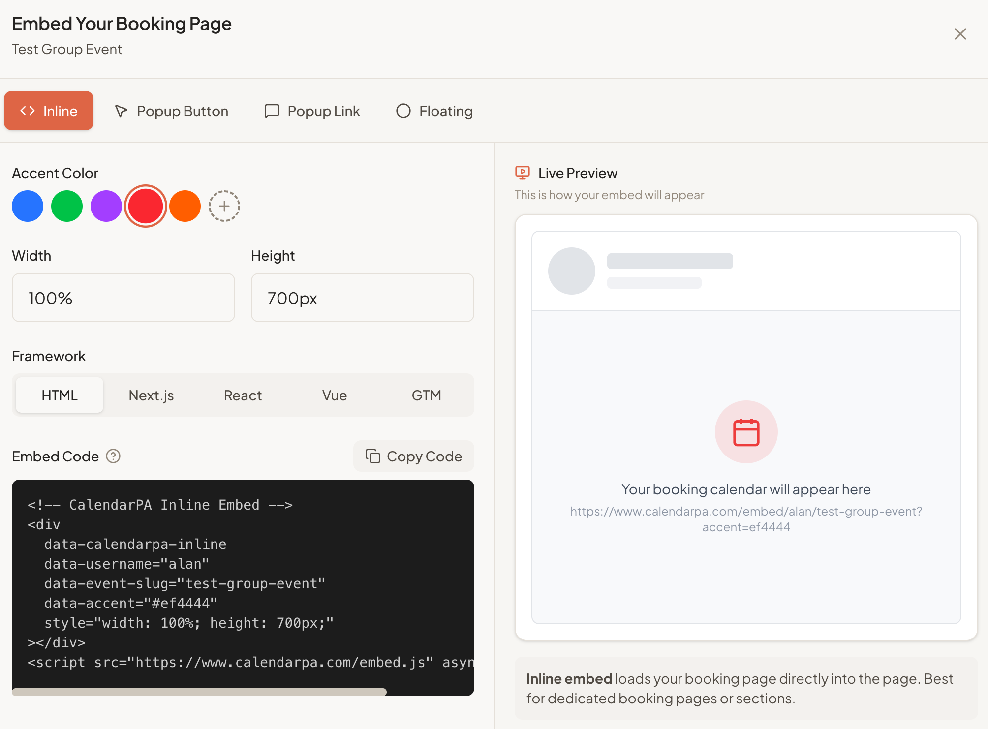 Dashboard Booking Types page (manual screenshot needed for embed modal)