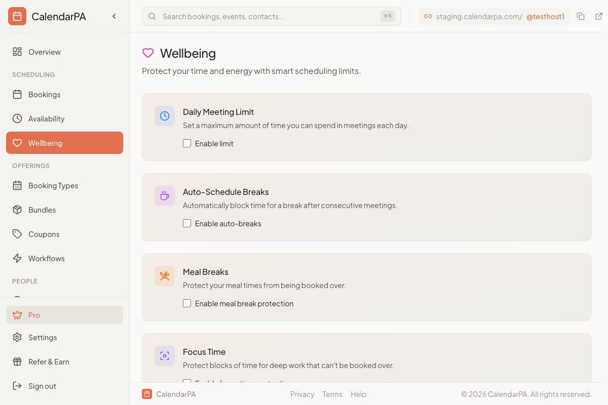 Dashboard Wellbeing settings page