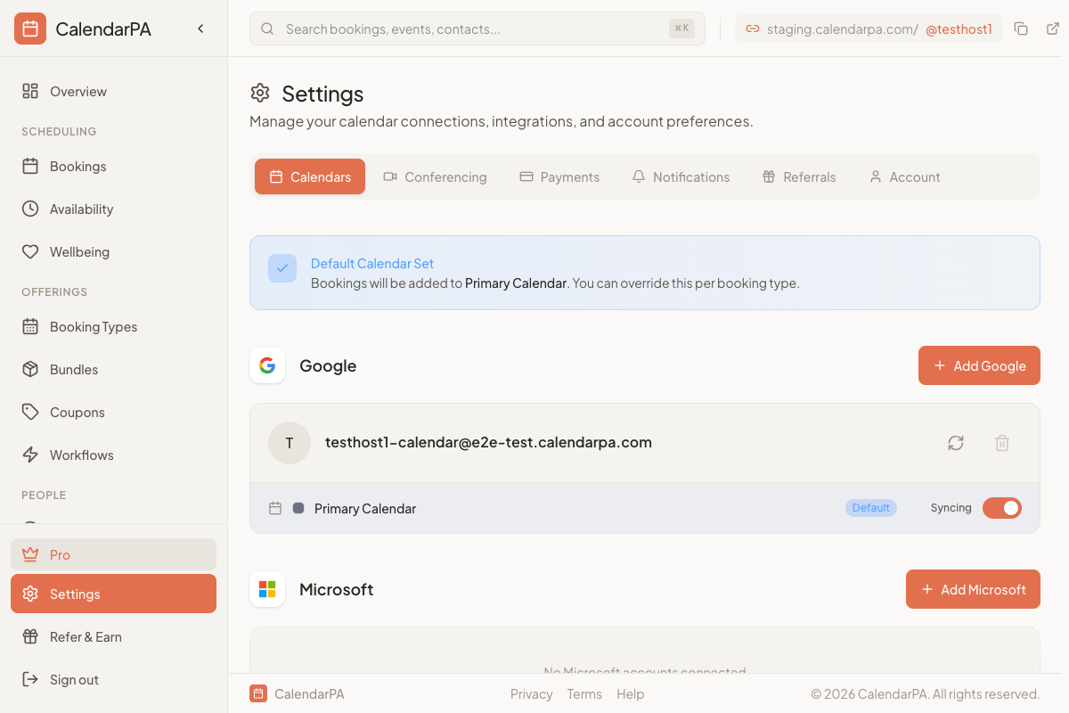 Dashboard Settings — Calendar Connections tab