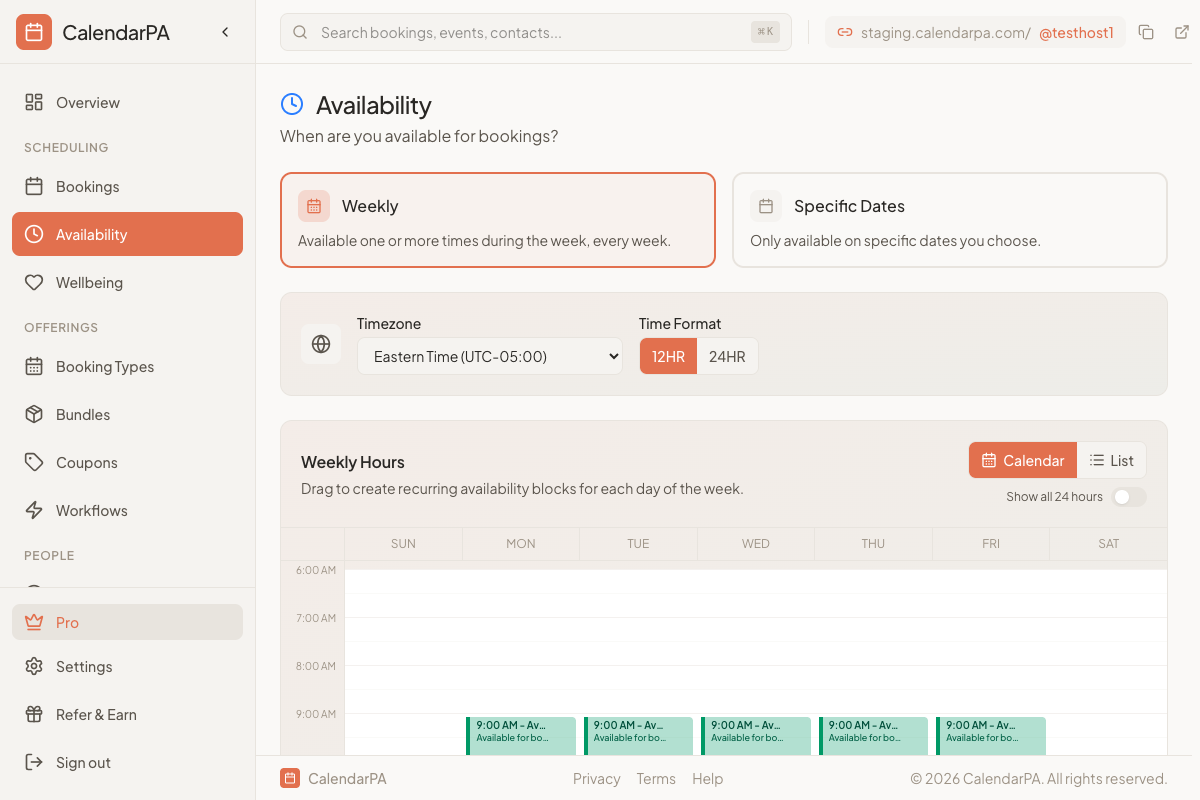 Dashboard Availability page showing weekly schedule
