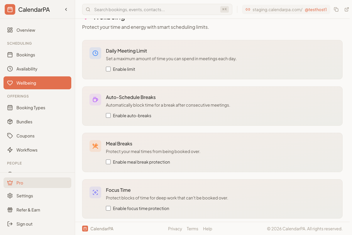 Dashboard Wellbeing settings page