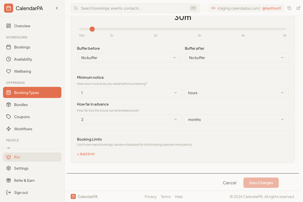 Dashboard Booking Types page