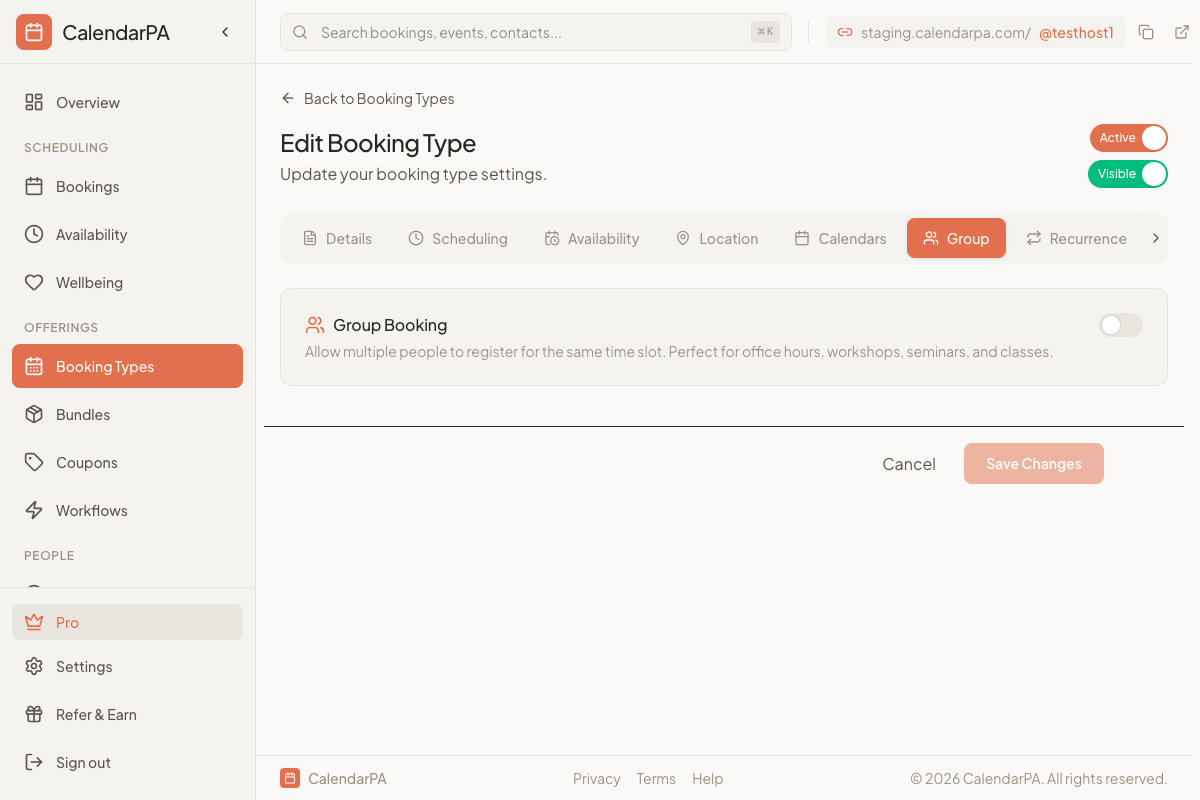Dashboard Booking Types page