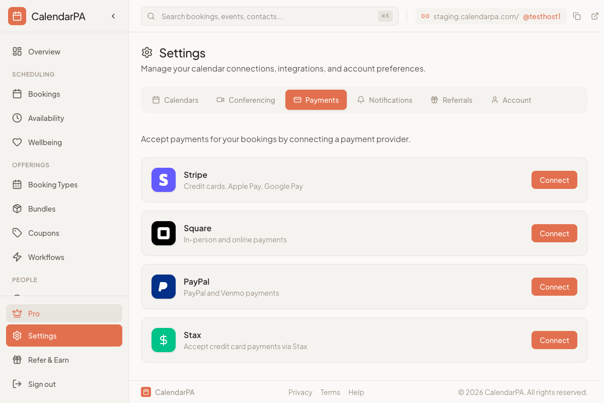 Dashboard Settings — Payments tab