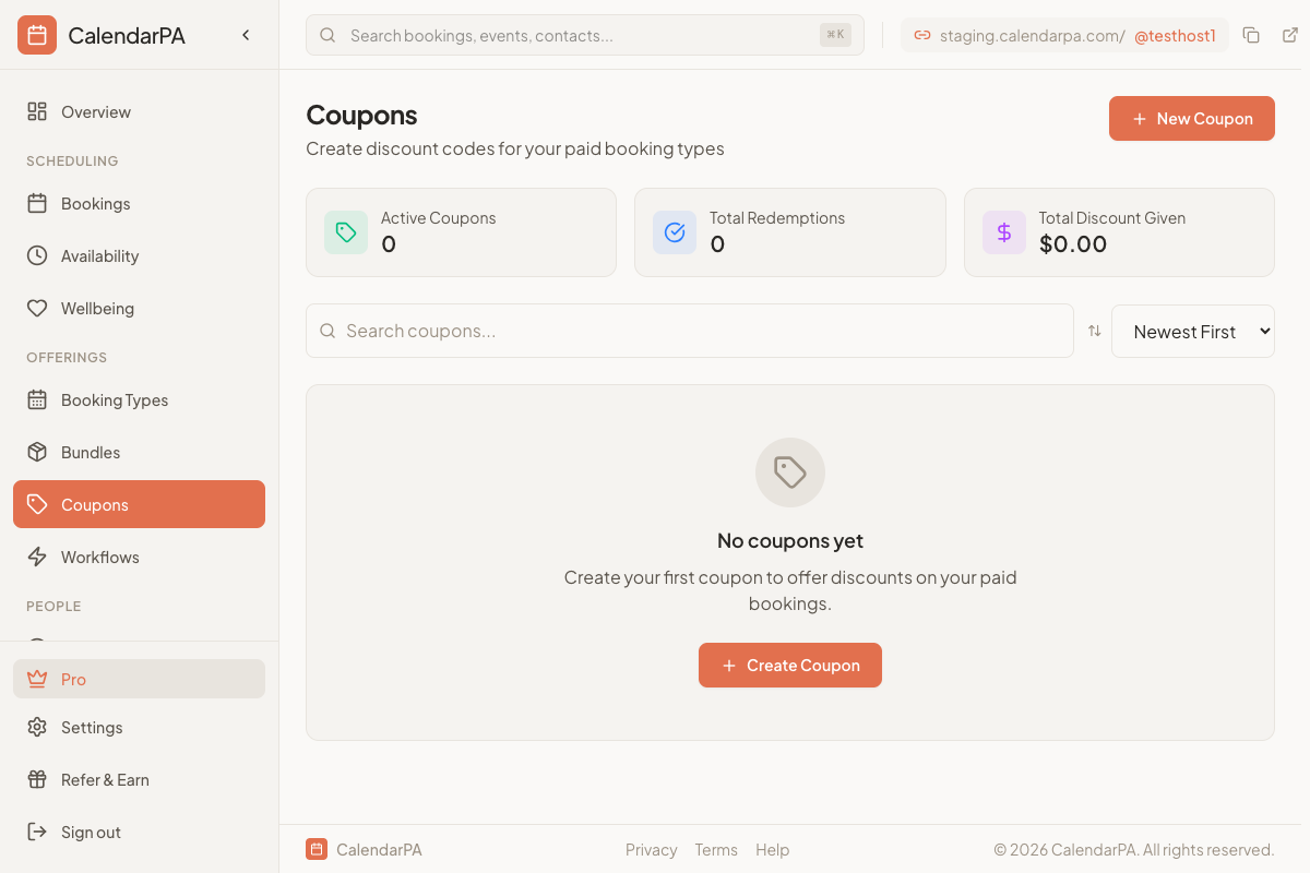 Dashboard Coupons page